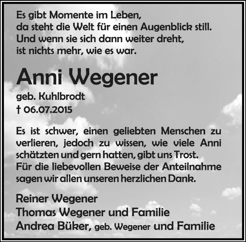  Traueranzeige für Anni Wegener vom 01.08.2015 aus Lippische Landes-Zeitung