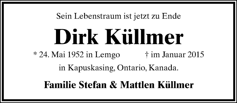  Traueranzeige für Dirk Küllmer vom 24.01.2015 aus Lippische Landes-Zeitung
