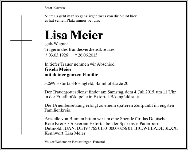  Traueranzeige für Lisa Meier vom 30.06.2015 aus Lippische Landes-Zeitung