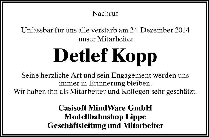  Traueranzeige für Detlef Kopp vom 03.01.2015 aus Lippische Landes-Zeitung