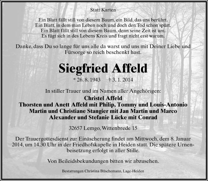  Traueranzeige für Siegfried Affeld vom 06.01.2014 aus Lippische Landes-Zeitung