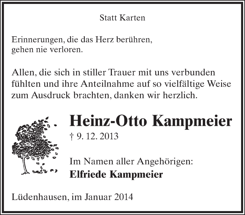  Traueranzeige für Heinz-Otto Kampmeier vom 11.01.2014 aus Lippische Landes-Zeitung