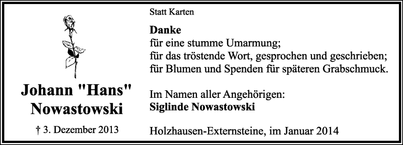  Traueranzeige für Johann Nowastowski vom 11.01.2014 aus Lippische Landes-Zeitung