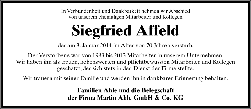  Traueranzeige für Siegfried Affeld vom 08.01.2014 aus Lippische Landes-Zeitung