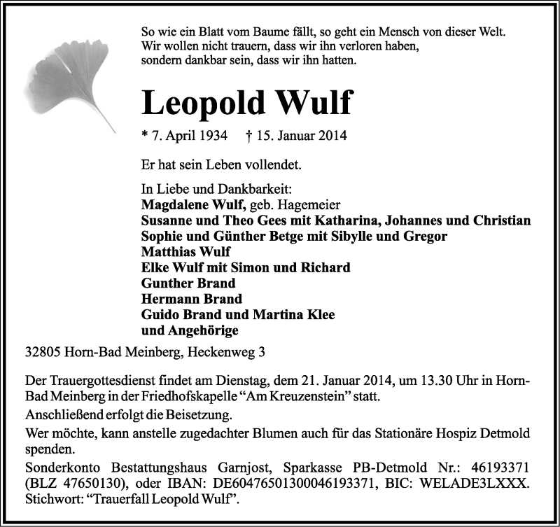  Traueranzeige für Leopold Wulf vom 18.01.2014 aus Lippische Landes-Zeitung