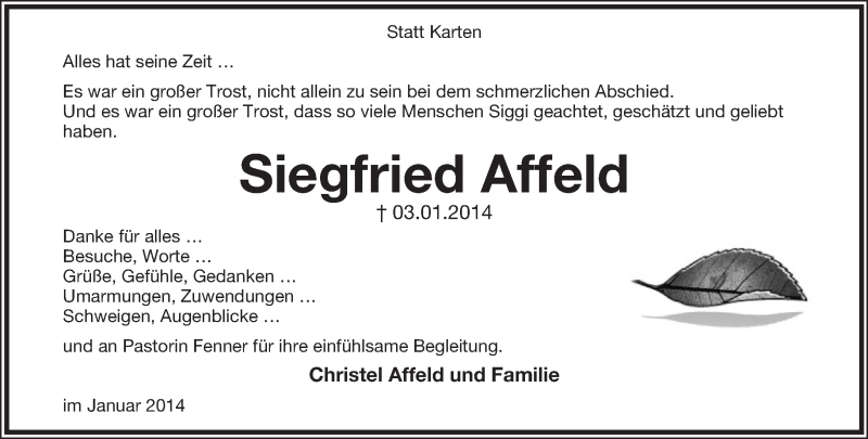  Traueranzeige für Siegfried Affeld vom 29.01.2014 aus Lippische Landes-Zeitung