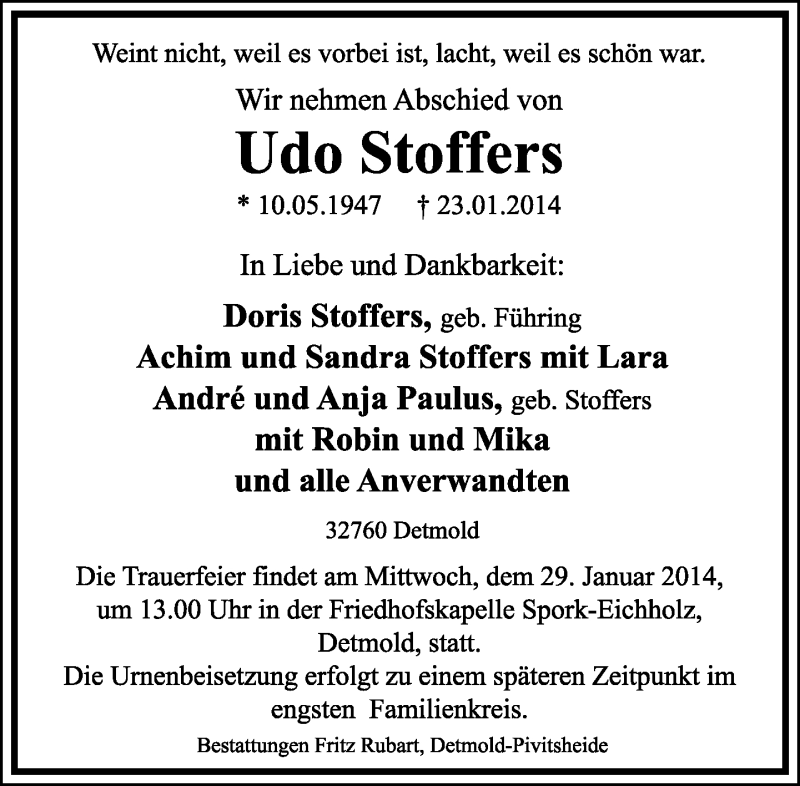  Traueranzeige für Udo Stoffers vom 25.01.2014 aus Lippische Landes-Zeitung