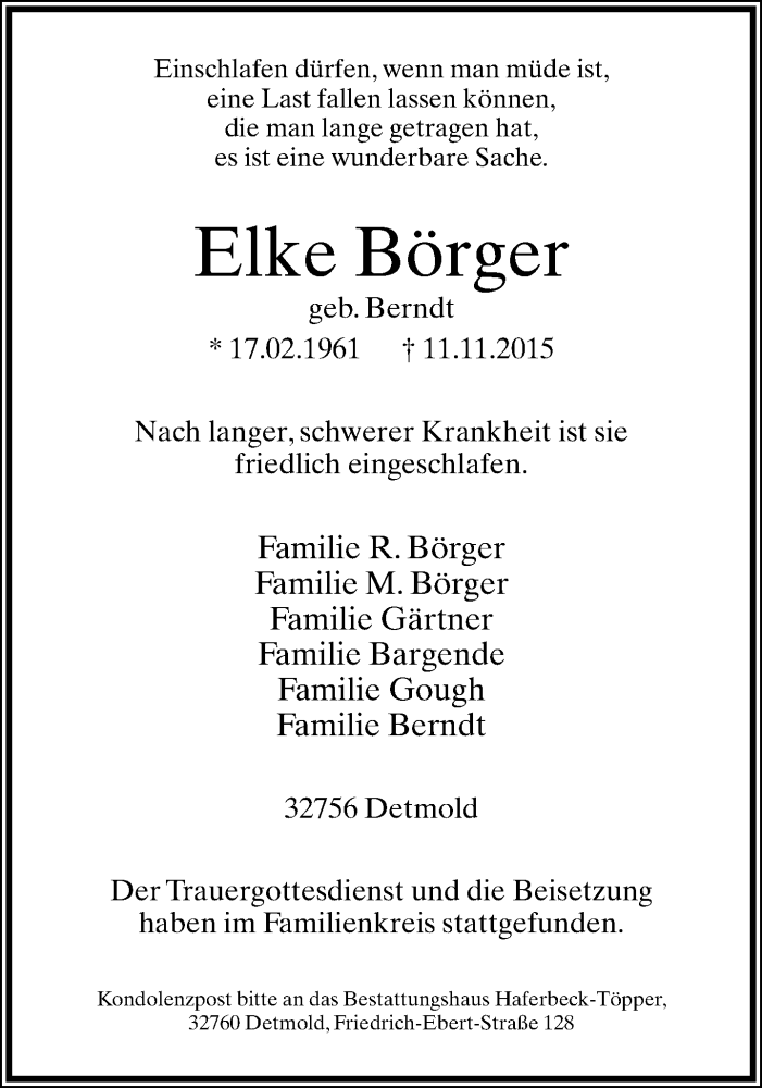  Traueranzeige für Elke Börger vom 28.11.2015 aus Lippische Landes-Zeitung