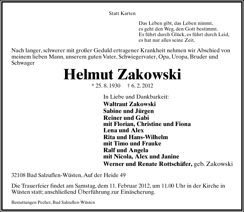 Traueranzeige für Helmut Zakowski vom 08.02.2012 aus Lippische Landes-Zeitung