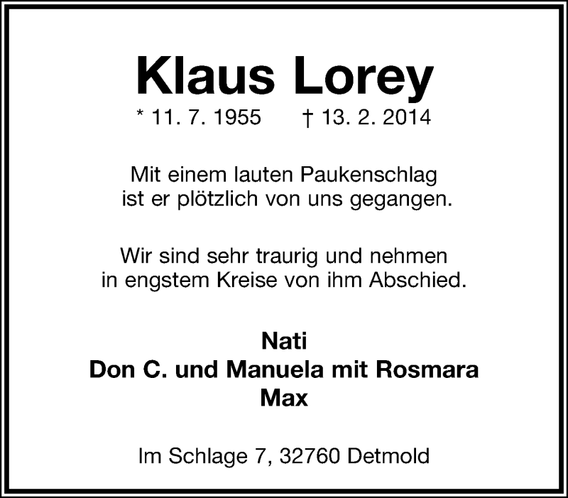  Traueranzeige für Klaus Lorey vom 15.02.2014 aus Lippische Landes-Zeitung