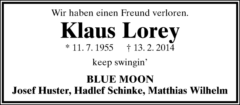  Traueranzeige für Klaus Lorey vom 19.02.2014 aus Lippische Landes-Zeitung
