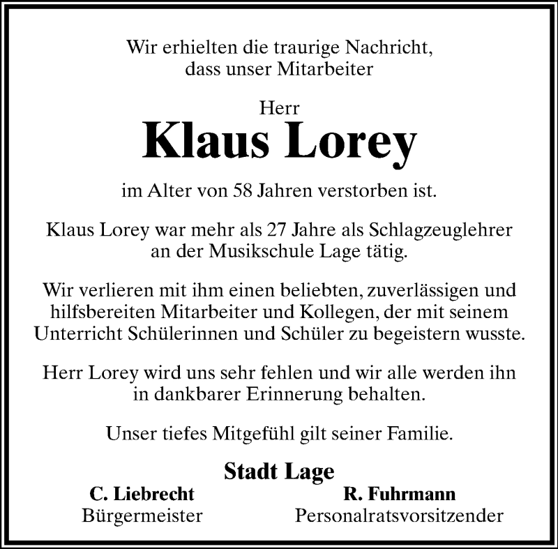  Traueranzeige für Klaus Lorey vom 18.02.2014 aus Lippische Landes-Zeitung