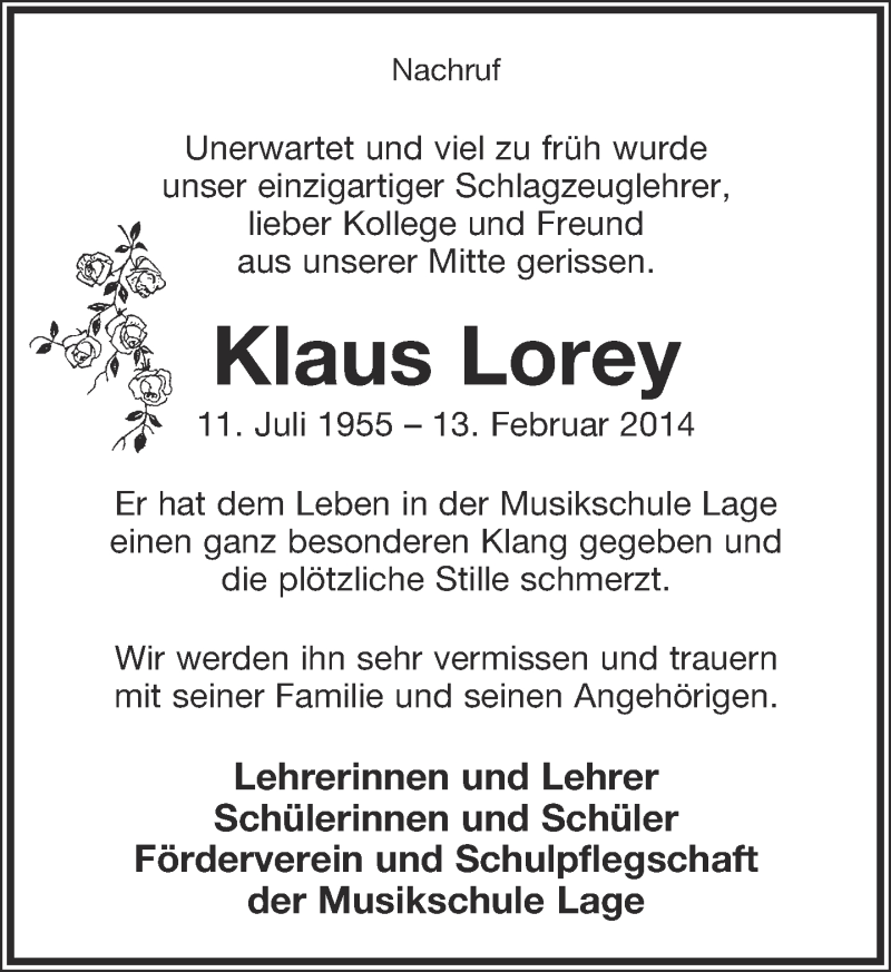  Traueranzeige für Klaus Lorey vom 19.02.2014 aus Lippische Landes-Zeitung