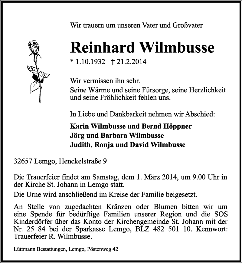  Traueranzeige für Reinhard Wilmbusse vom 24.02.2014 aus Lippische Landes-Zeitung
