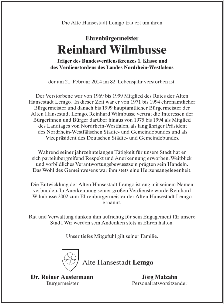  Traueranzeige für Reinhard Wilmbusse vom 25.02.2014 aus Lippische Landes-Zeitung