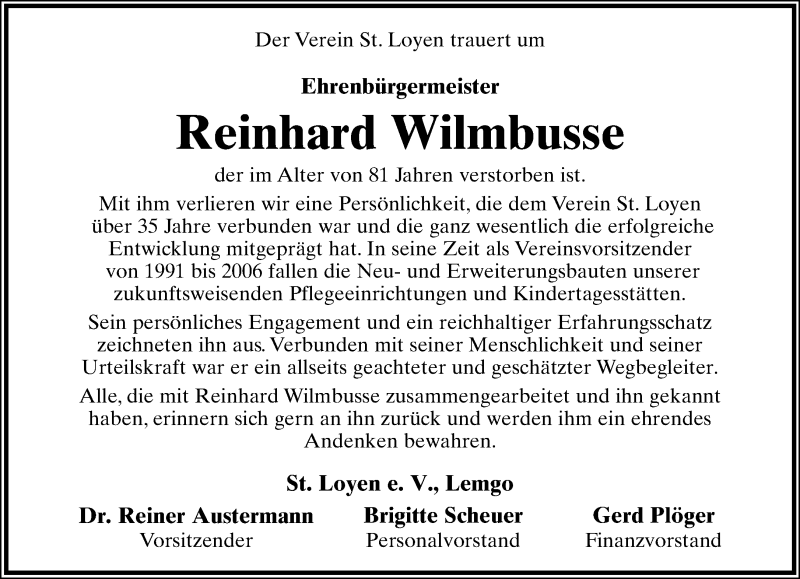  Traueranzeige für Reinhard Wilmbusse vom 25.02.2014 aus Lippische Landes-Zeitung