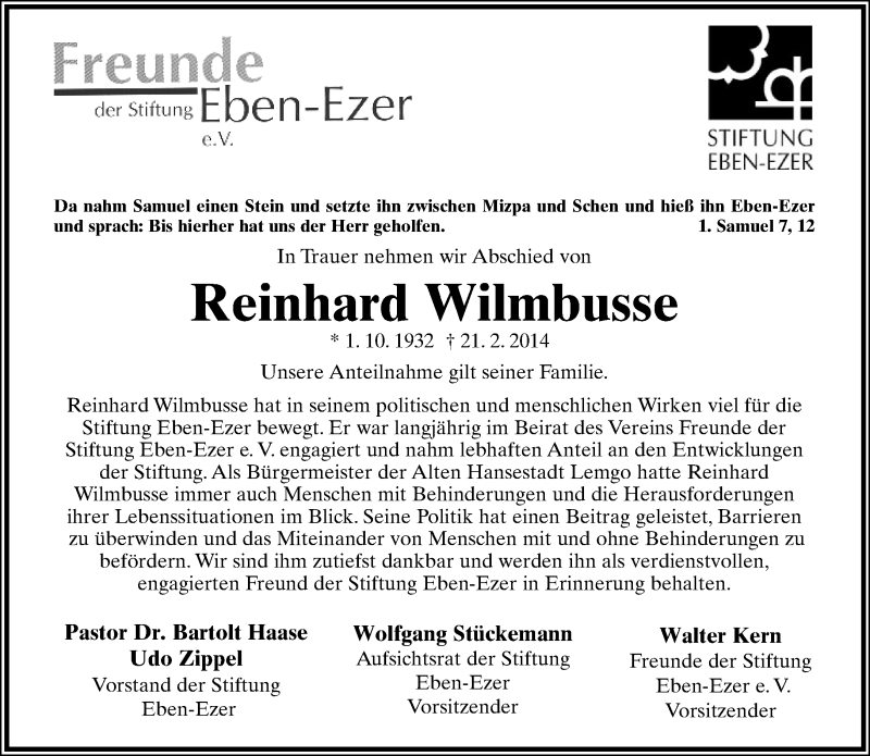  Traueranzeige für Reinhard Wilmbusse vom 26.02.2014 aus Lippische Landes-Zeitung
