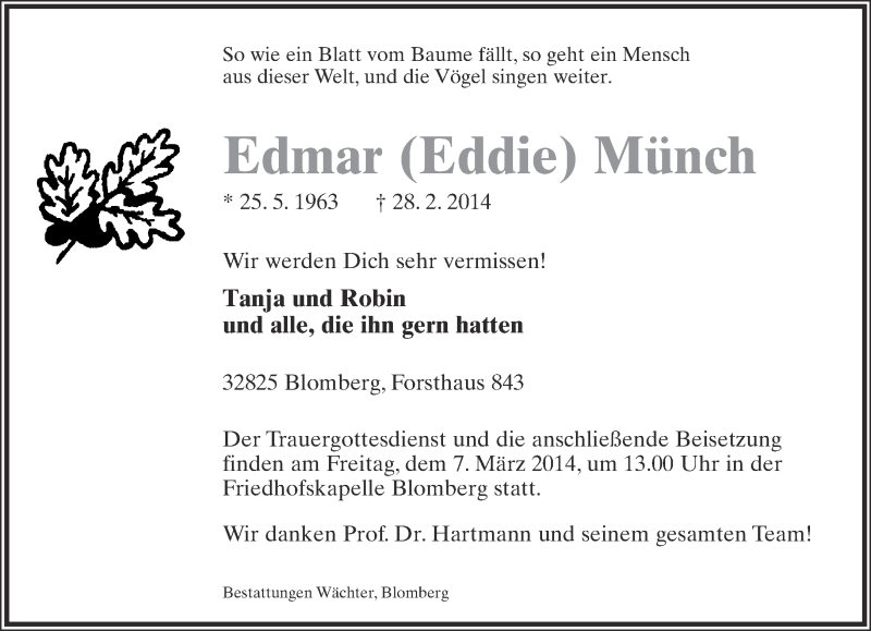  Traueranzeige für Edmar Münch vom 05.03.2014 aus Lippische Landes-Zeitung