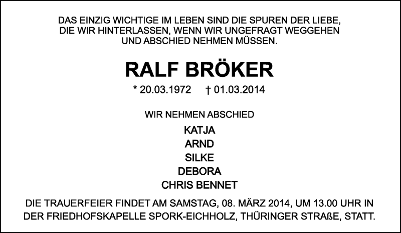  Traueranzeige für Ralf Bröker vom 05.03.2014 aus Lippische Landes-Zeitung