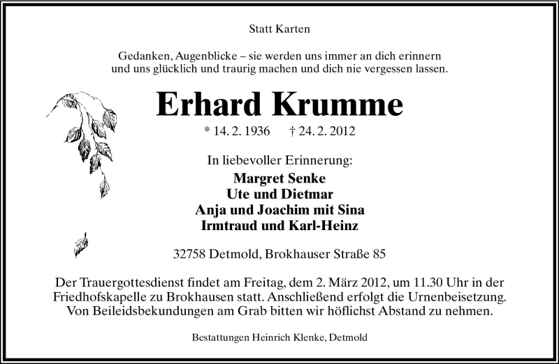 Traueranzeige für Erhard Krumme vom 29.02.2012 aus Lippische Landes-Zeitung