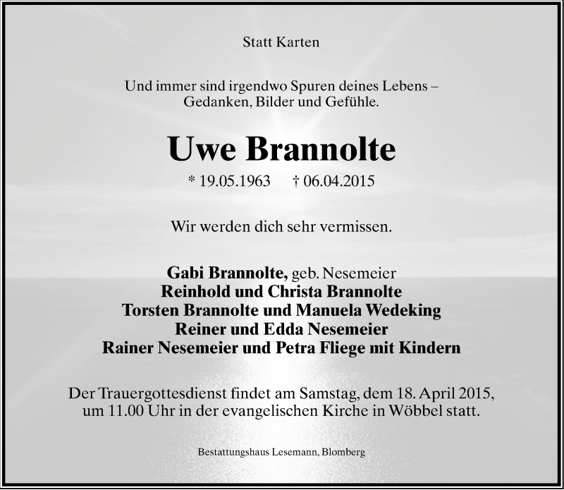  Traueranzeige für Uwe Brannolte vom 11.04.2015 aus Lippische Landes-Zeitung