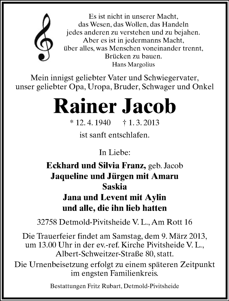  Traueranzeige für Rainer Jacob vom 06.03.2013 aus Lippische Landes-Zeitung