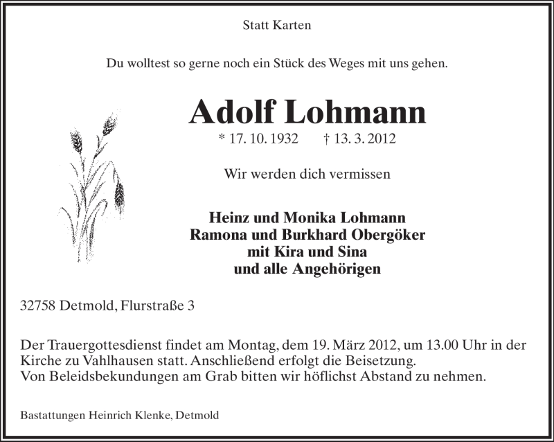  Traueranzeige für Adolf Lohmann vom 17.03.2012 aus Lippische Landes-Zeitung