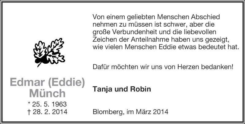  Traueranzeige für Edmar Münch vom 29.03.2014 aus Lippische Landes-Zeitung