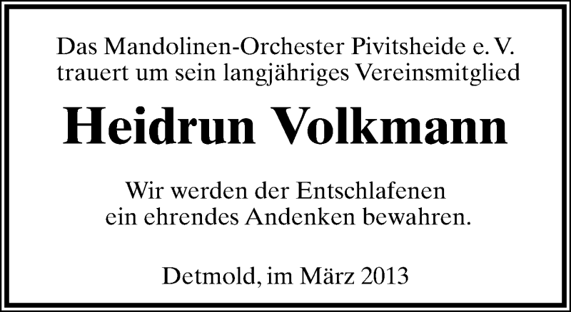  Traueranzeige für Heidrun Volkmann vom 25.03.2013 aus Lippische Landes-Zeitung