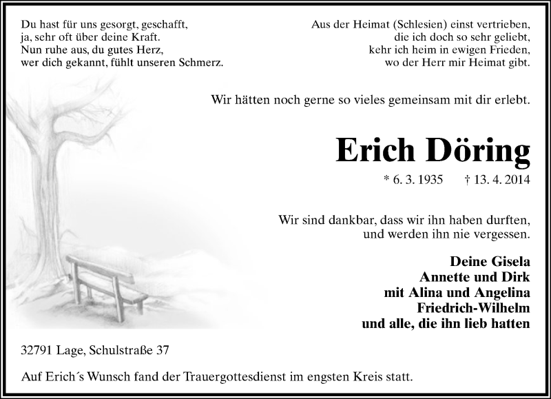  Traueranzeige für Erich Döring vom 18.04.2014 aus Lippische Landes-Zeitung