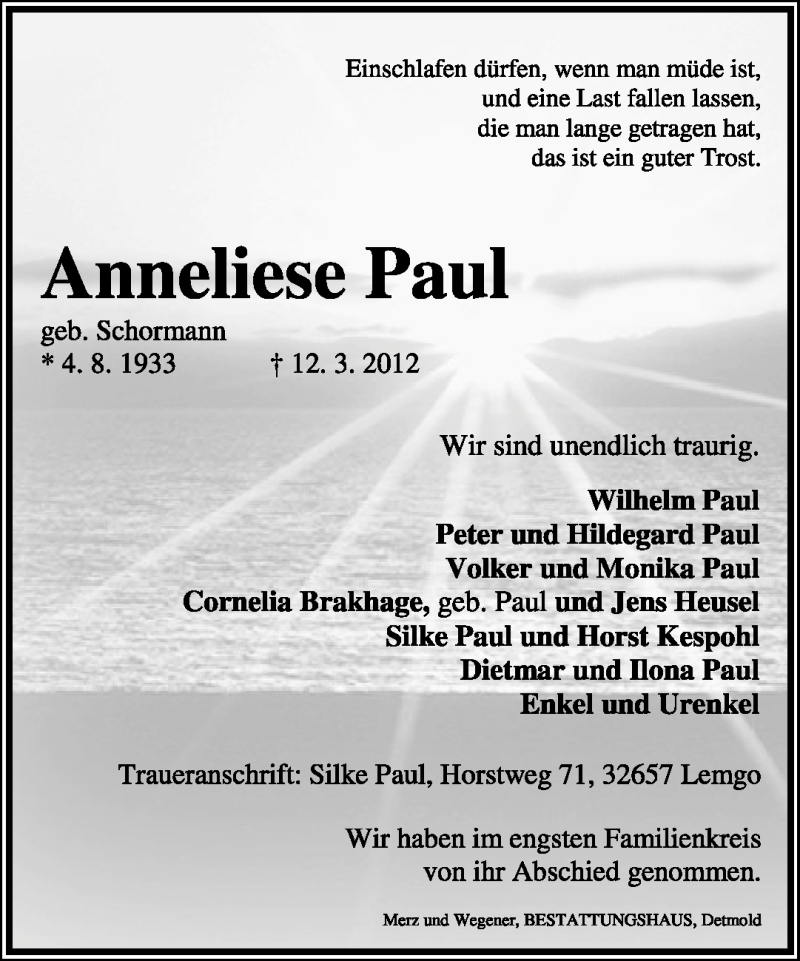  Traueranzeige für Anneliese Paul vom 31.03.2012 aus Lippische Landes-Zeitung