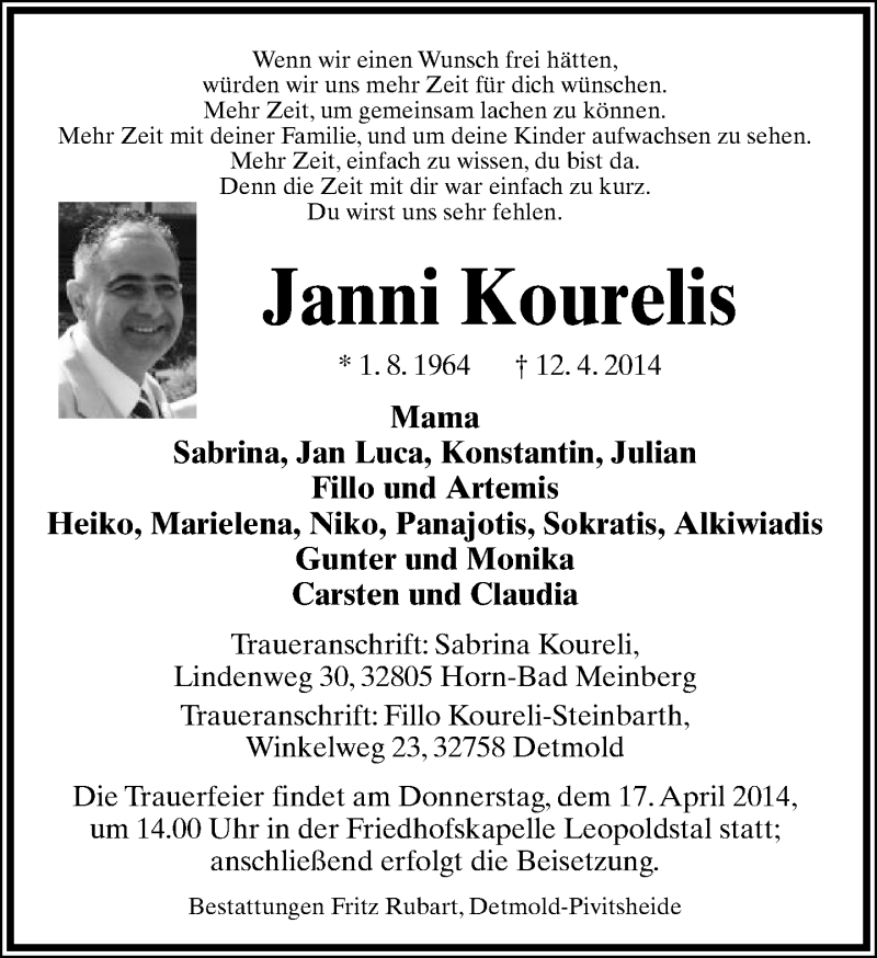  Traueranzeige für Janni Kourelis vom 15.04.2014 aus Lippische Landes-Zeitung
