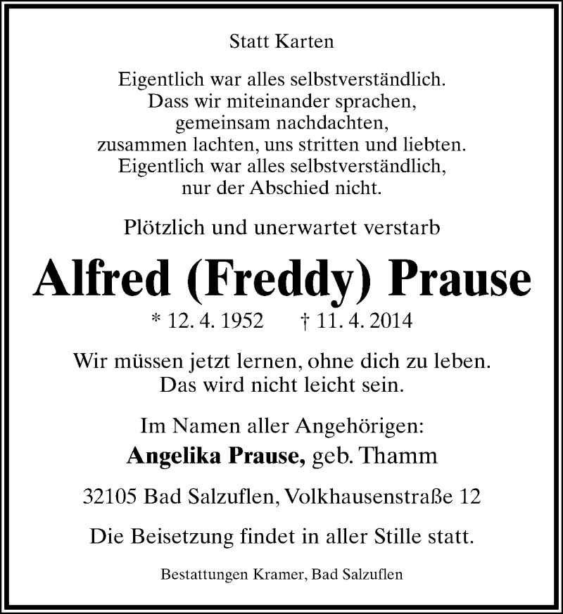  Traueranzeige für Alfred Prause vom 16.04.2014 aus Lippische Landes-Zeitung