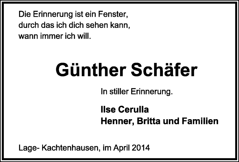  Traueranzeige für Günther Schäfer vom 16.04.2014 aus Lippische Landes-Zeitung
