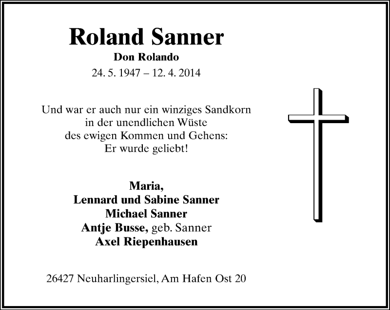 Traueranzeige für Roland Sanner vom 18.04.2014 aus Lippische Landes-Zeitung