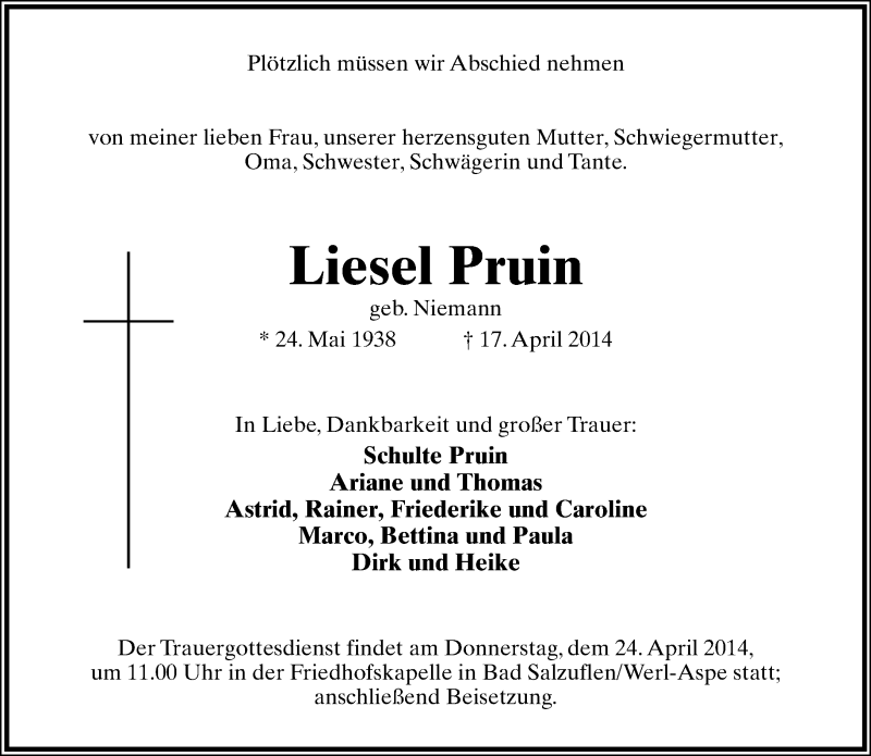  Traueranzeige für Liesel Pruin vom 22.04.2014 aus Lippische Landes-Zeitung