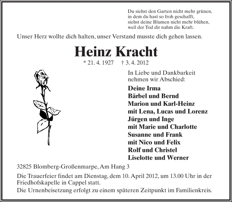  Traueranzeige für Heinz Kracht vom 06.04.2012 aus Lippische Landes-Zeitung