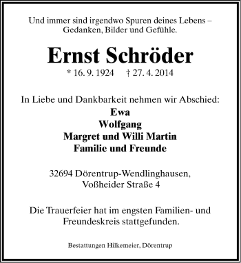 Anzeige  Ernst Schröder  Lippische Landes-Zeitung