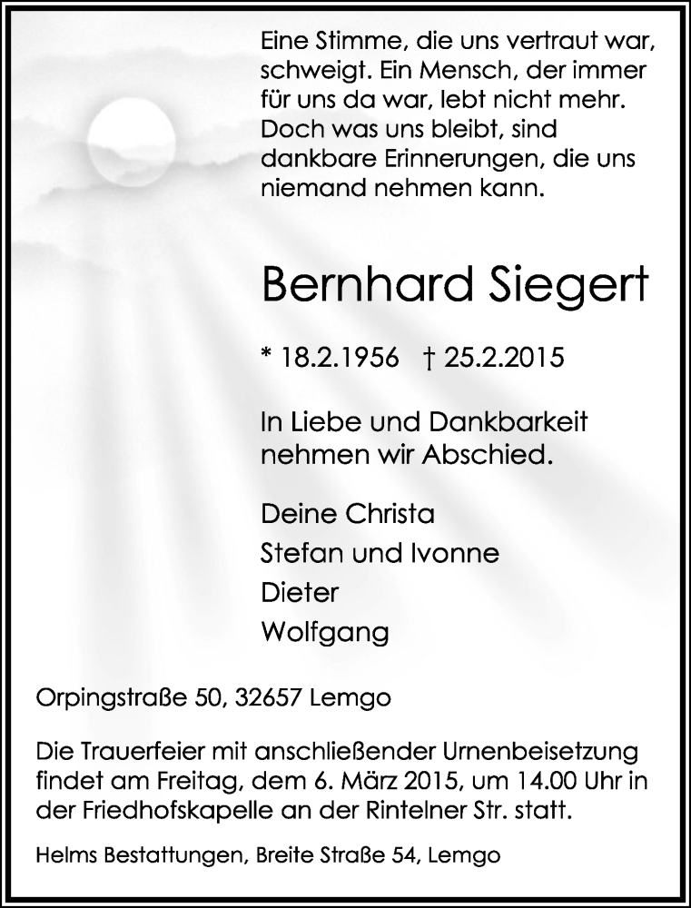  Traueranzeige für Bernhard Siegert vom 28.02.2015 aus Lippische Landes-Zeitung