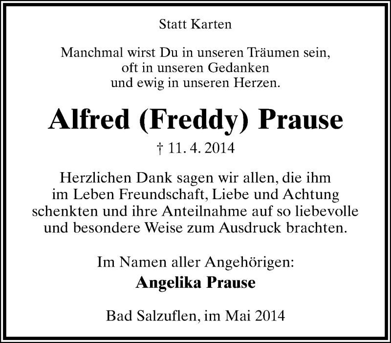  Traueranzeige für Alfred Prause vom 10.05.2014 aus Lippische Landes-Zeitung