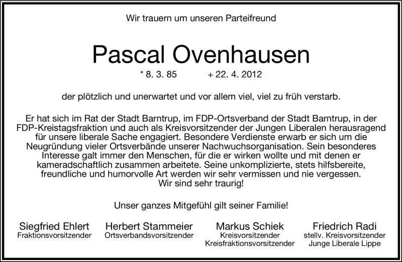  Traueranzeige für Pascal Ovenhausen vom 28.04.2012 aus Lippische Landes-Zeitung