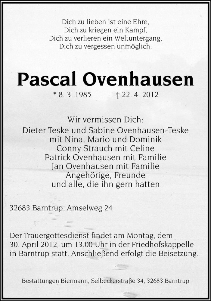  Traueranzeige für Pascal Ovenhausen vom 28.04.2012 aus Lippische Landes-Zeitung
