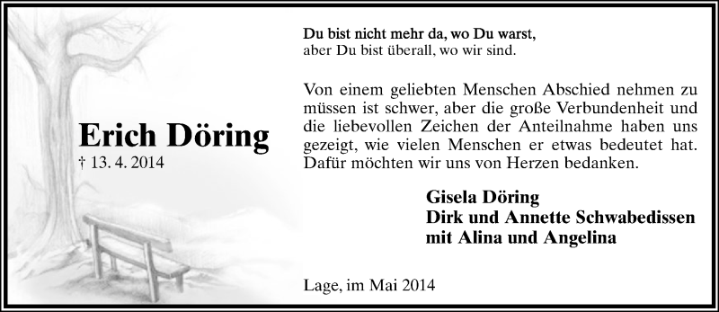  Traueranzeige für Erich Döring vom 17.05.2014 aus Lippische Landes-Zeitung