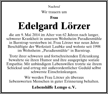 Anzeige  Edelgard Lörzer  Lippische Landes-Zeitung
