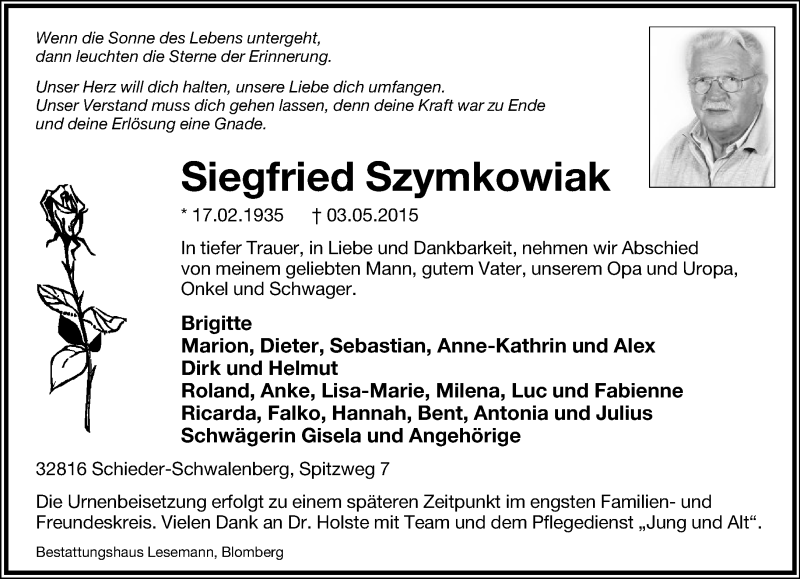  Traueranzeige für Siegfried Szymkowiak vom 07.05.2015 aus Lippische Landes-Zeitung