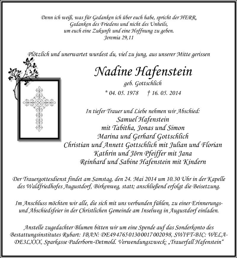  Traueranzeige für Nadine Hafenstein vom 21.05.2014 aus Lippische Landes-Zeitung