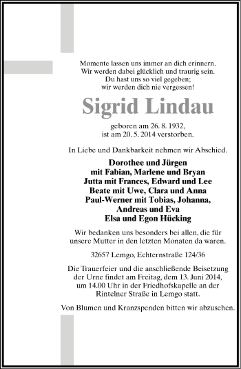 Anzeige  Sigrid Lindau  Lippische Landes-Zeitung