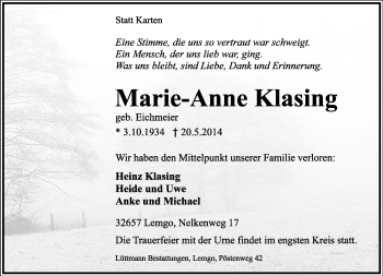 Anzeige  Marie-Anne Klasing  Lippische Landes-Zeitung