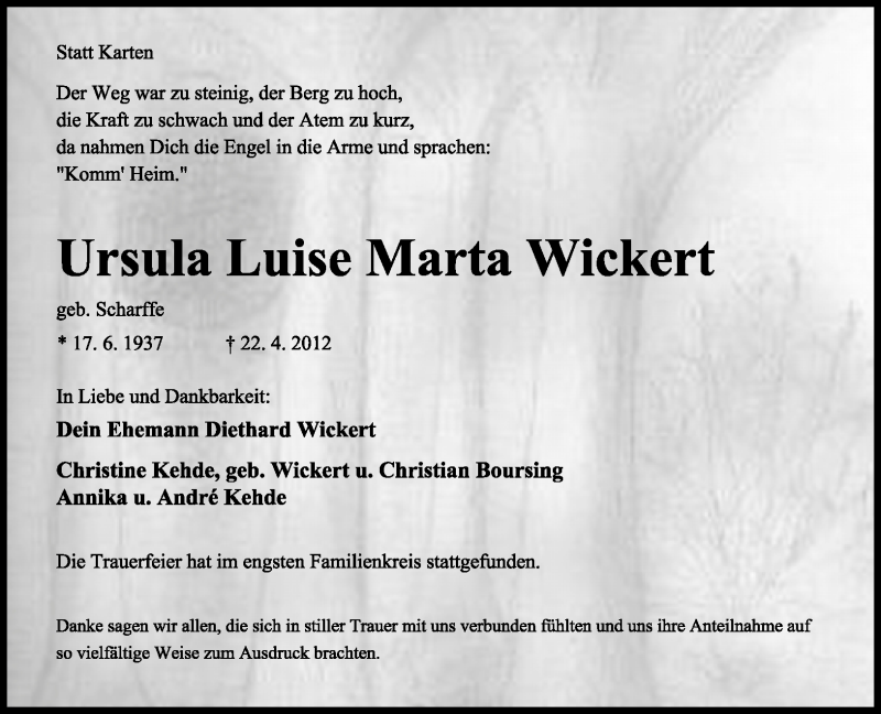  Traueranzeige für Ursula Luise Marta Wickert vom 12.05.2012 aus Lippische Landes-Zeitung