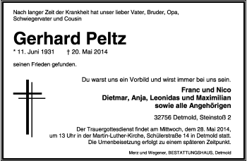 Anzeige  Gerhard Peltz  Lippische Landes-Zeitung